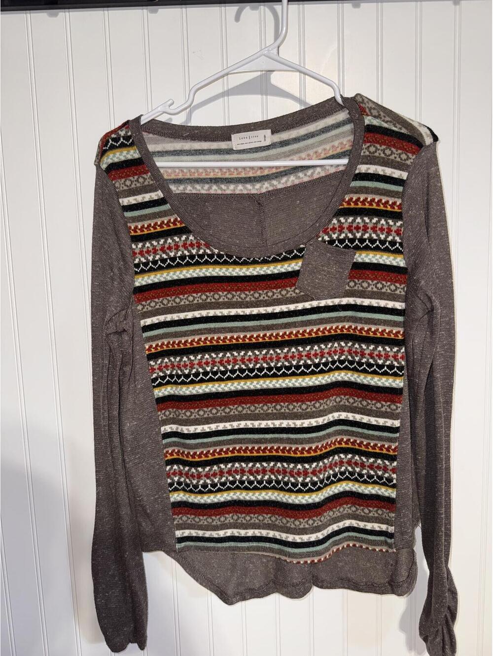 Love Tree Mixed Pattern Fair Isle Knit Pocket Sweater Top L